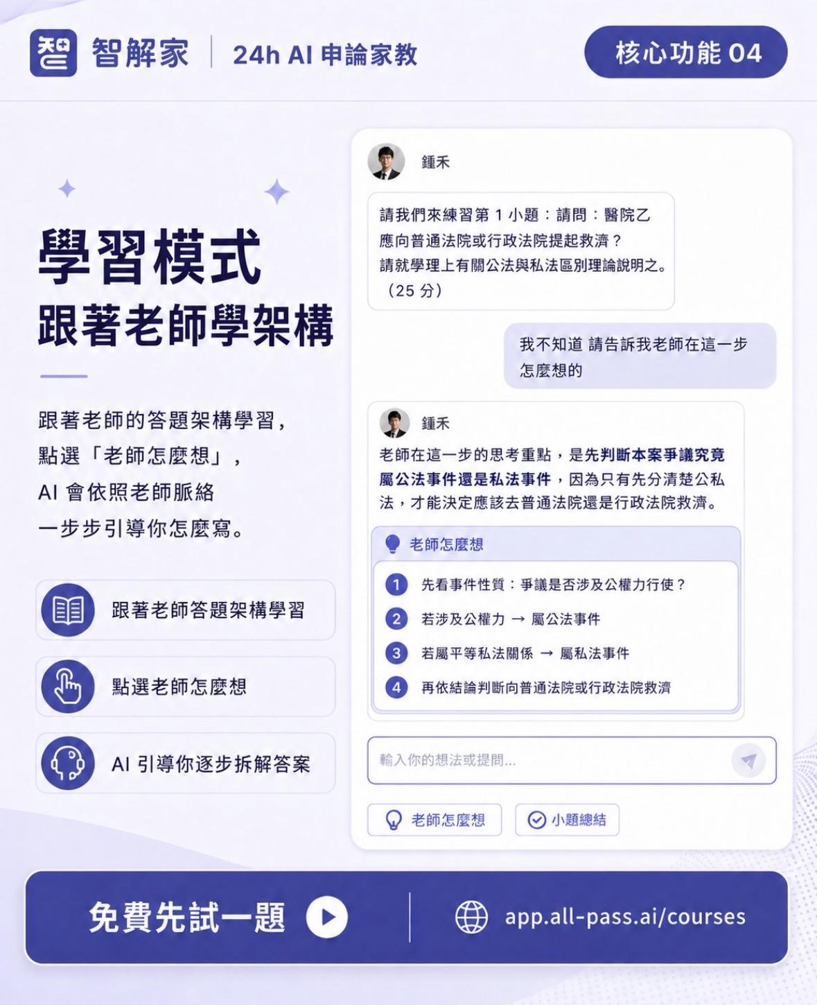 智解家 24h AI 申論家教的學習模式畫面，顯示跟著老師學架構與老師怎麼想功能